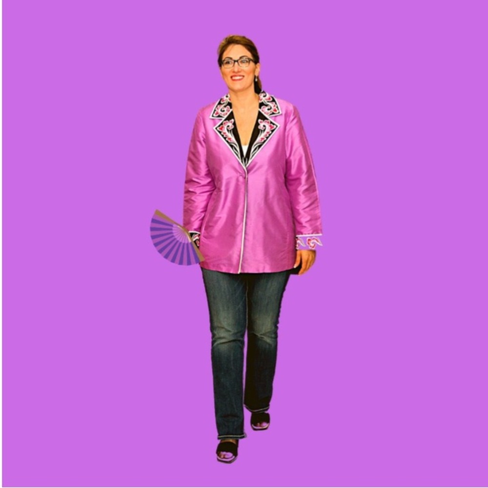 Size Size M-XL Vintage Bob Mackie Wearable Art Hot Pink Silk Jacket Embroidered